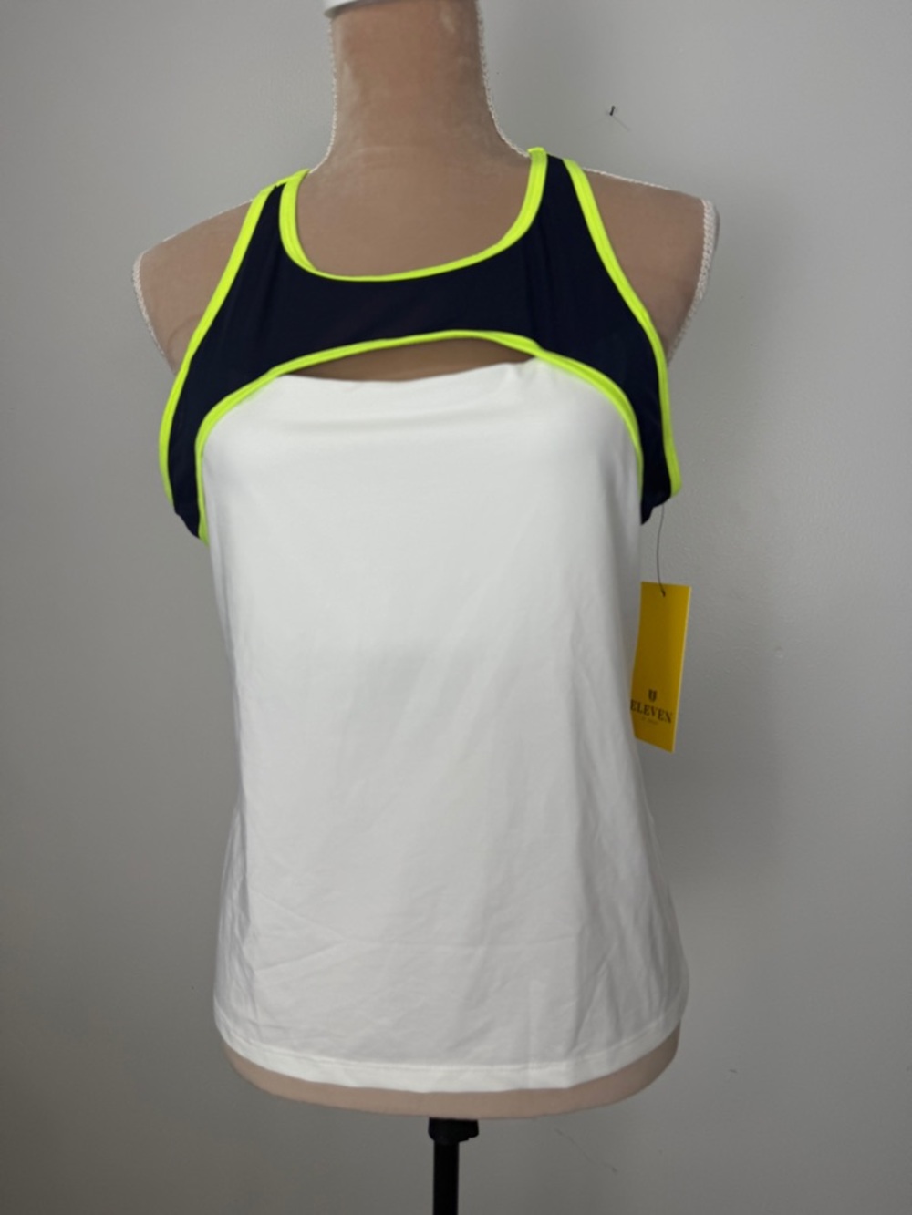 EleVen by Venus Williams White Tank with Navy Upper and Neon Yellow Trim
